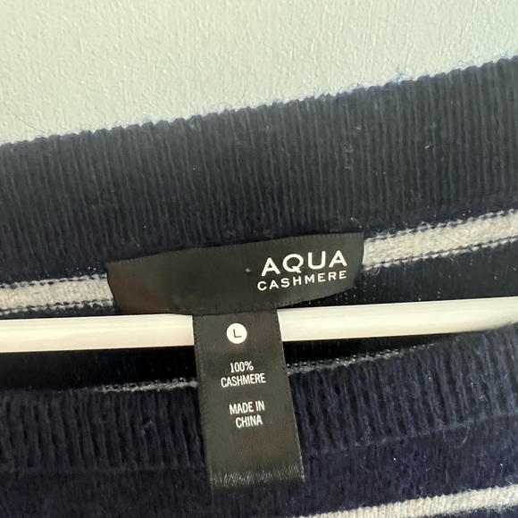 Aqua 100% Cashmere Navy Grey Striped Sweater - Bloomingdales - Picture 2 of 5